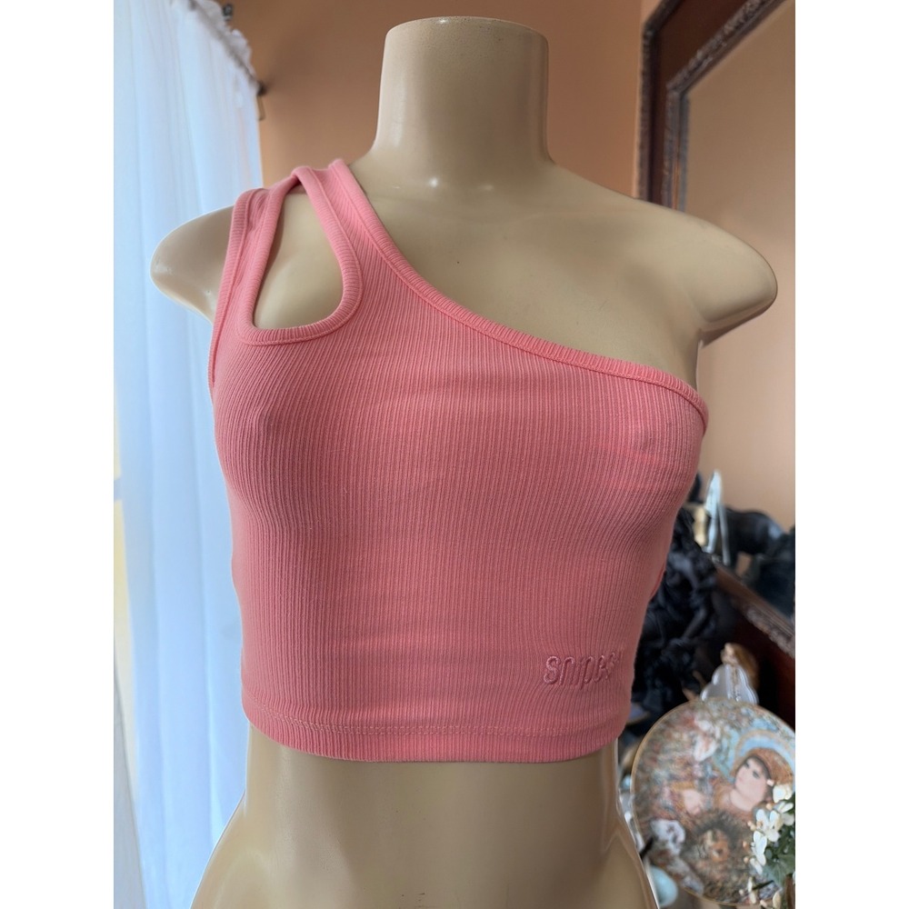 Snipes Womens One Shoulder Ribbed Crop Top Pink Cutout Streetwear XS